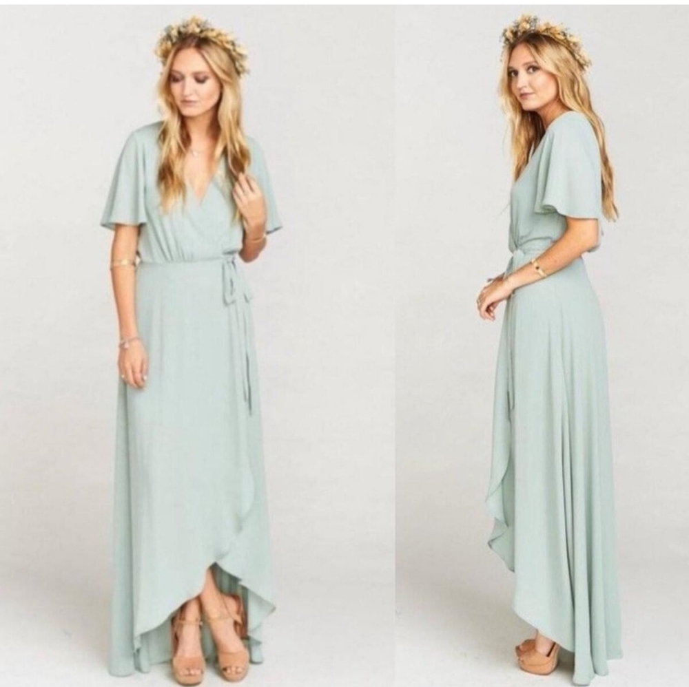 Show Me Your Mumu Wrap Maxi High Low Dress Flutter Sleeve Sage Green Bridesmaid